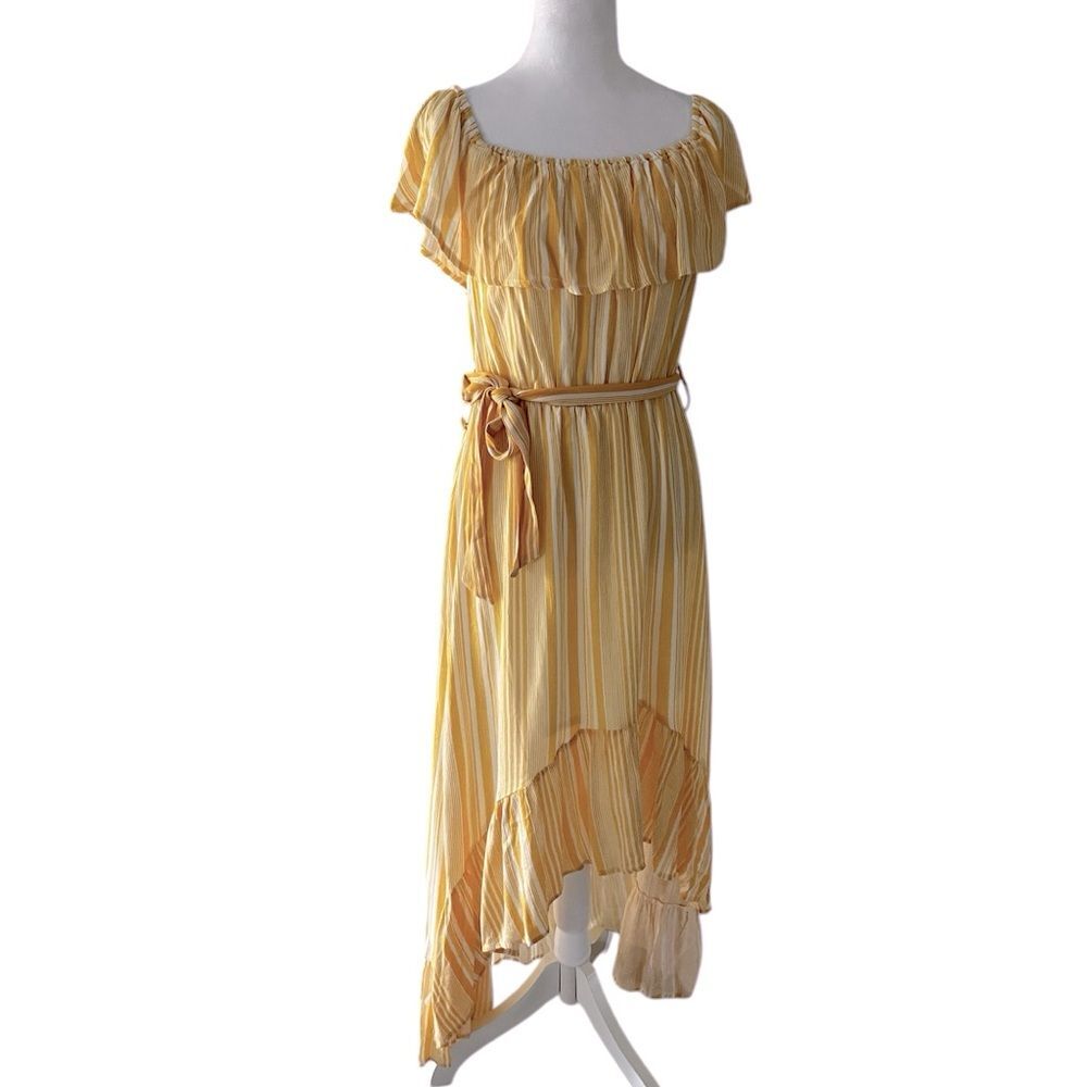 Vogue Society Yellow Striped Off Shoulder Hi Low Maxi Dress Size M Boho Summer - Picture 2 of 7